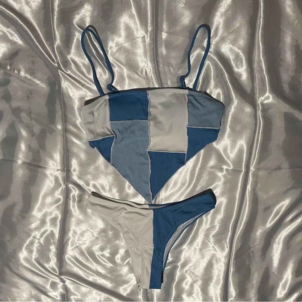 Blue and white patchwork bikini #swimwear #blue #white